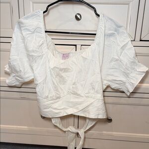 Pink Lily White Puff-Sleeve Tie-Back Crop Top